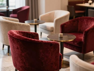 Elegant hotel lobby lounge chairs upholstered in rich velvet, soft ambient lighting, sophisticated atmosphere