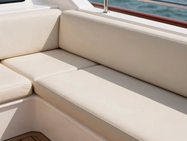 Premium outdoor lounge seating on a luxury yacht deck, marine-grade weatherproof fabric in soft cream, bright sun