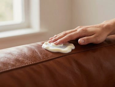 Macro shot of a craftsman's hand applying organic conditioning cream to a rich brown leather sofa armrest, soft natural light.