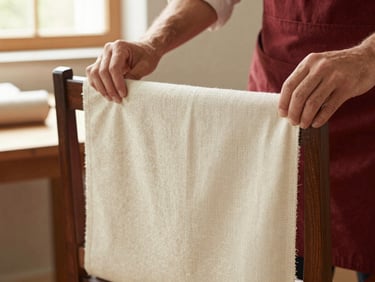 Close-up of a craftsman hand-stretching premium linen fabric over an elegant dining chair frame, warm workshop light