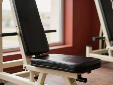 Heavy-duty black leather upholstery on premium gym fitness equipment, clean lines, professional finish