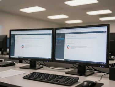 Wide shot of a contact center workstation showing two monitors with email client interfaces open, keyboard in foreground, practical fluorescent overhead lighting, no people in frame