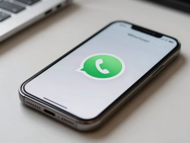 Close-up of a smartphone screen showing a WhatsApp notification badge with a green chat bubble icon, resting on a plain desk under bright overhead office light
