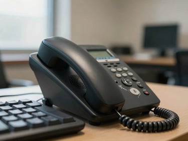 Tight close-up of a desk phone handset resting on its cradle beside a computer keyboard, practical window light from the left, empty contact center background slightly out of focus