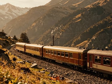 Wide shot of a vintage train winding through Swiss Alps, cinematic golden hour lighting, rich saturated earth tones, 35mm film style.