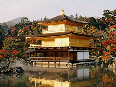 Stunning golden pavilion temple in Kyoto surrounded by autumn maples, soft mist, warm reflective pond, 35mm film.