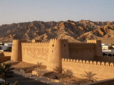 Wide environmental shot of a historic fort in Oman, rugged mountains in the background, soft golden hour light, 35mm film.