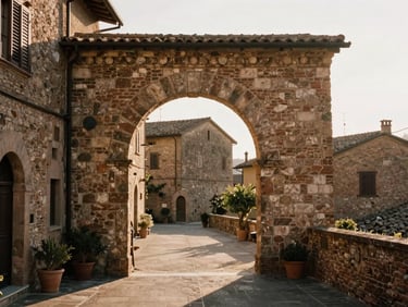 Intricate historic stone archway in a quiet Italian village, soft morning sun casting long shadows, warm earth tones, 35mm film.