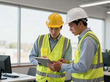 Professional office interior, two safety consultants collaborating on a digital tablet, focused on safety protocols, natural light.