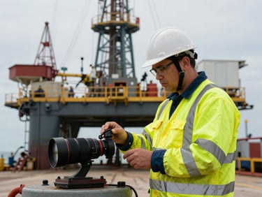Safety officer examining equipment on an active oil rig in Texas, high-visibility gear, sharp focus, natural daylight.