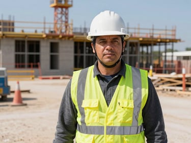 Safety officer in high-visibility vest and hardhat, looking confident and capable on a construction site, medium shot, natural Texas daylight.