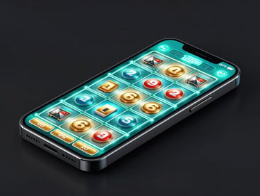 Sleek 3D render of a modern mobile phone displaying a vibrant slot game interface, neon cyan and gold glow, high-contrast, isometric view, dark background.