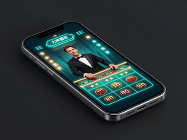 Sleek 3D render of a modern mobile phone displaying a live casino interface with a professional dealer, neon cyan and gold glow, high-contrast, isometric view, dark background.