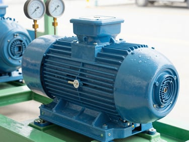 Close-up of a modern industrial water pump motor, clean steel surfaces, pressure gauges visible, bright daylight