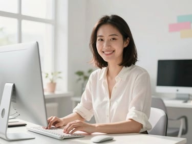 Portrait of a smiling female network engineer in a sunlit workspace, pastel accents, high-key daylight, professional headshot.