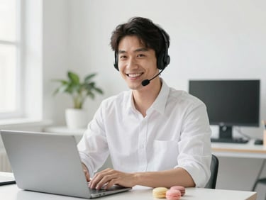 Portrait of a friendly male support technician smiling in a bright airy office space, clean modern style, soft lighting.