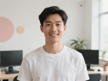 Portrait of a friendly male IT specialist in a bright, modern office, soft pastel background, warm natural light, professional headshot.
