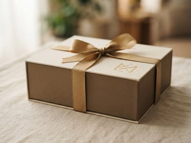 Elegant corporate gift box with custom branding, gold accents, and a hand-tied ribbon, soft diffused side-lighting, against a warm cream minimalist backdrop, shallow depth of field, 35mm.