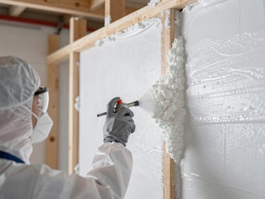 Close-up of a certified technician in full protective gear applying polyurethane spray foam to wall studs, crisp industrial lighting, focus on the expanding foam texture