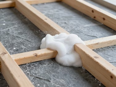Crisp close-up photography of expanding white polyurethane spray foam applied between clean wooden roof rafters in a residential attic, sharp focus, bright natural light