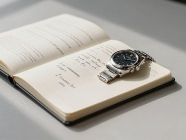 Wide environmental shot of a single open notebook with handwritten channel analysis notes beside a luxury watch laid flat on a light grey surface, north-facing daylight from the left, no shadows behind the subject