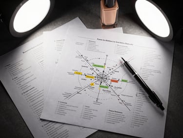 Overhead flat-lay of printed strategic roadmap pages with margin annotations, a pen resting diagonally across the sheets, studio strobe lighting, a cosmetics product bottle in the upper corner as a category reference specimen