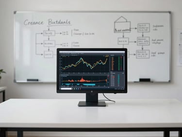 Wide environmental shot of a minimalist desk with a single monitor showing performance metric charts, a clean whiteboard visible in the background with framework notes, north-facing daylight, no people visible — evidence of ongoing analytical work