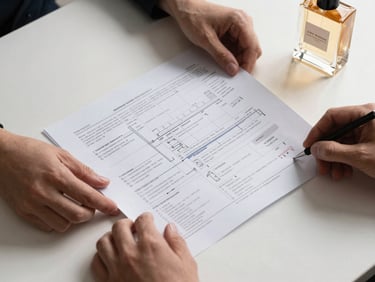 Close-up overhead view of hands arranging printed strategy documents and annotated market research sheets on a matte white desk, studio strobe light casting clean shadows, a luxury perfume bottle placed at the upper right corner as a reference specimen