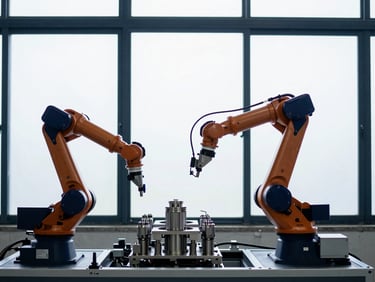 Industrial automation environment with clean robotic arms, precise metallic components, cool diffused daylight, architectural framing