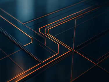 Abstract close-up of a physical-digital interface, glowing data lines on structured glass, dark navy and copper reflections, sharp focus