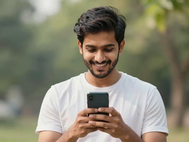 A young Indian adult smiling while looking at a smartphone screen, bright natural daylight, optimistic green and clean neutral tones, shallow depth of field, 35mm