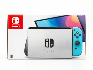 A brand new Nintendo Switch console in its packaging, clean high-key studio lighting, white background
