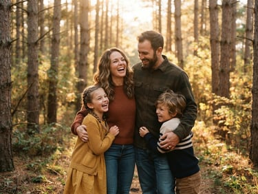 A candid medium portrait of a family laughing together outdoors during golden hour, warm sunlight filtering through pine trees, rich natural tones, 35mm film look.
