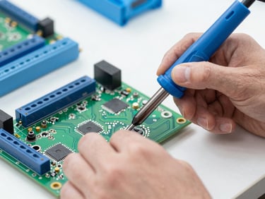 Close-up shot of a professional technician's hands repairing a green circuit board with a soldering iron, bright clean workshop lighting, blue and white tones, macro detail, 50mm lens