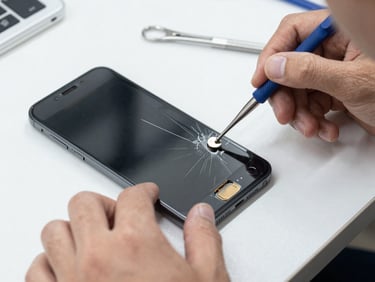 Close-up of a technician carefully replacing a cracked mobile phone screen on a clean white work table, bright natural daylight, professional repair tools
