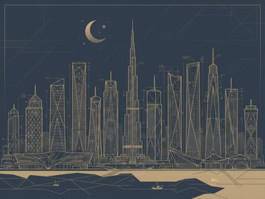 A clean, high-end vector illustration of modern Gulf architectural skylines in desaturated deep navy and sand-gold, showing technical geometric lines and structural blueprint overlays, with generous negative space.