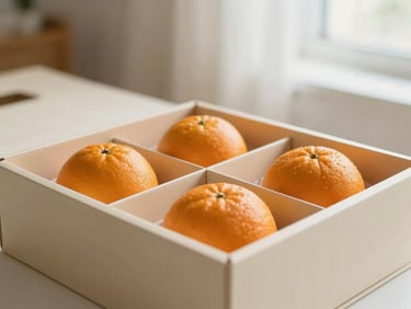A minimalist cream gift box with compartments containing vibrant orange citrus fruits, soft natural light, shallow depth of field, premium food photography