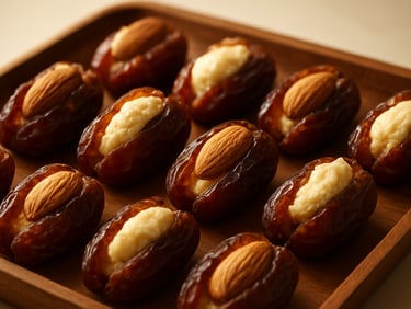A luxurious wooden tray filled with stuffed dates, close-up shot, warm golden lighting, elegant presentation, premium editorial food photography