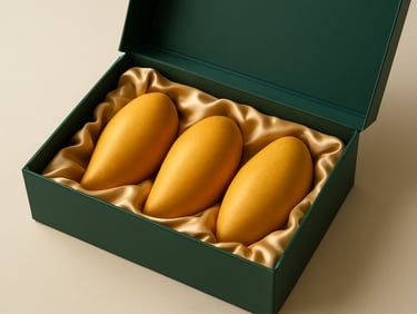 A luxury green gift box open to reveal golden mangoes nestled in silk lining, premium editorial food photography, soft window light, clean cream background