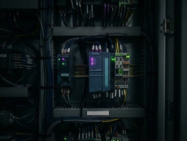 Macro detail shot of clean wired PLC cabinets with status LEDs glowing in deep purple and forest green tones, high-contrast industrial lighting, 35mm