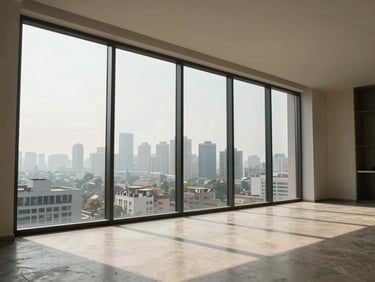 Interior of a finished high-floor Mohali apartment, floor-to-ceiling windows, natural morning light flooding a minimal living area, polished stone flooring, city skyline visible in the background, no people