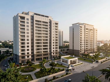 Premium apartment complex in Sector 66A Mohali photographed from slightly elevated angle, wide shot showing landscaped podium, morning light, no people