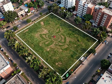 Aerial photograph of marked residential plot boundaries in a premium Mohali sector, surveyor pegs visible, surrounding infrastructure including roads and street lights, shot from directly above in daylight