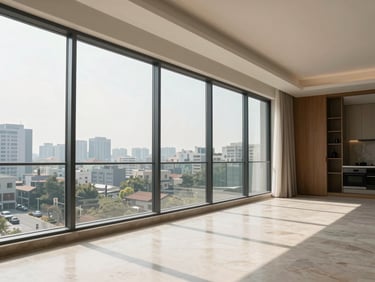 Interior of a finished premium apartment in Mohali, living room with floor-to-ceiling windows, natural daylight streaming in, clean stone floors, minimal furnishing, city view visible through glass