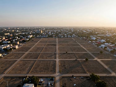 Aerial photograph of demarcated residential plots in a premium Mohali sector, boundary markers visible, wide open sky, golden hour light casting long shadows across the land grid, shot from above at medium altitude