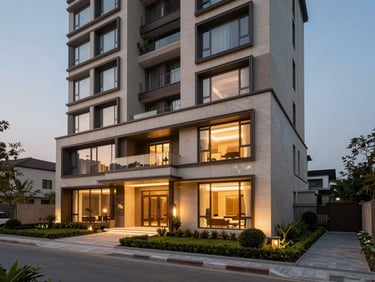 Exterior of a completed luxury residential building in Mohali at dusk, warm lobby lights visible through ground-floor glazing, manicured forecourt, shot from street level slightly to the left