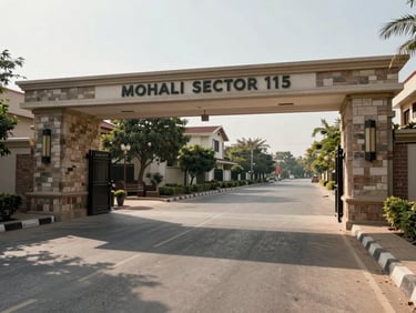 Street-level photograph of a premium gated township entrance gate in Mohali sector 115, stone-clad pillars, wide driveway, afternoon daylight casting sharp shadows on the paving