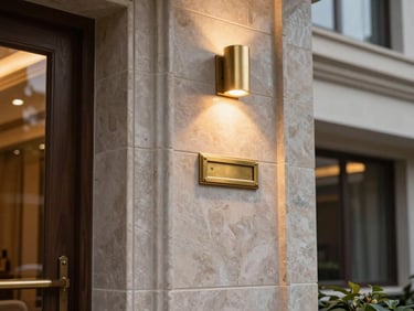 Close detail shot of a premium residential building entrance in Mohali, polished stone cladding, brass letterbox panel, warm exterior lighting at dusk, no people, architectural detail framing