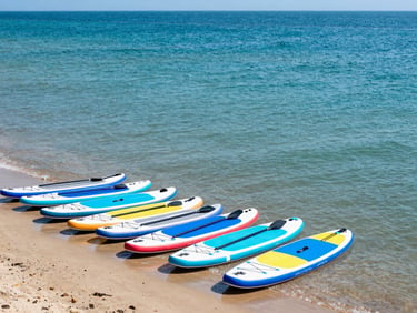 Wide-angle action shot of colourful paddleboards lined up on the shore of Poole Harbour, shallow turquoise water under bright daylight.