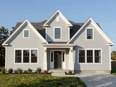 Wide architectural photograph of a premium modern craftsman home in Green Bay, pristine light gray siding, clean windows reflecting bright morning sun, neat landscaping, straight-on framing.